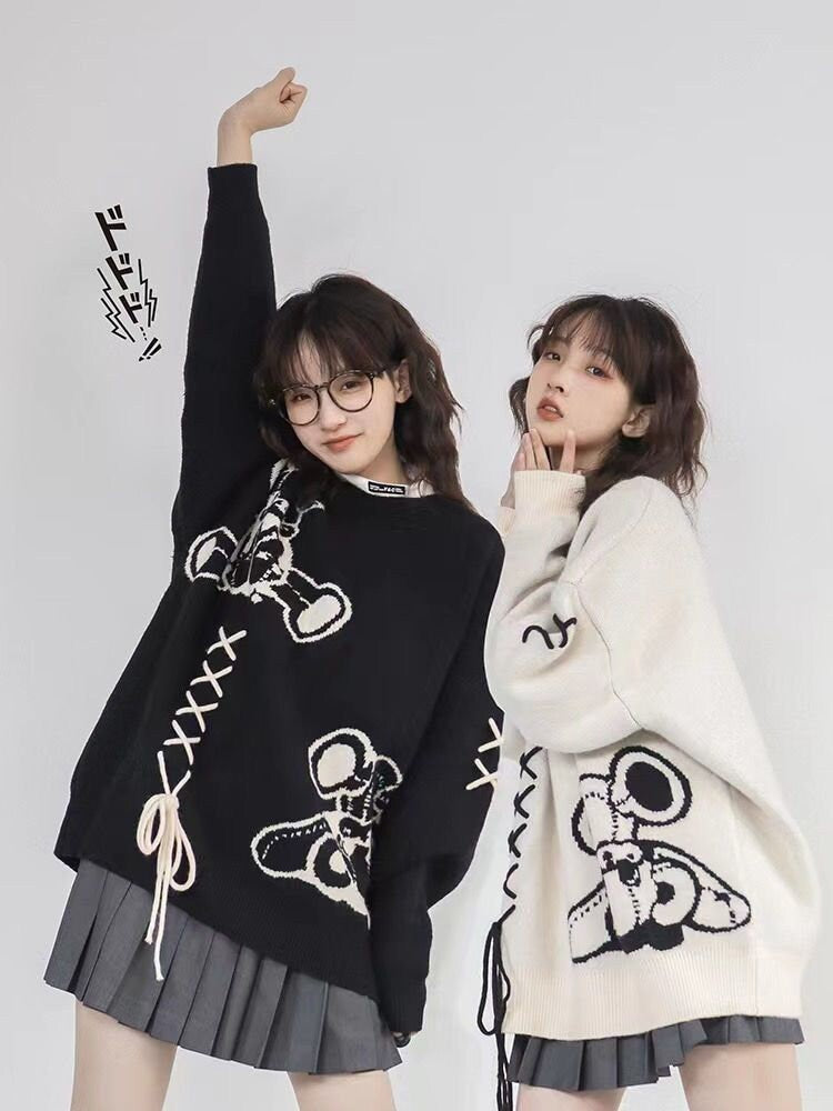 Gothic Oversized Women's Streetwear | Harajuku Cartoon Bear Sweater | Autumn-Winter Knitted Pullover | Hip Hop Bandage Design